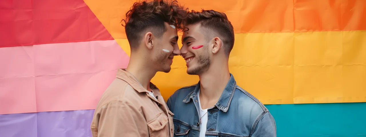 Two adult men smiling beside a Pride flag, illustrating LGBTQ+ Herpes Singles: Find Your Dating Community