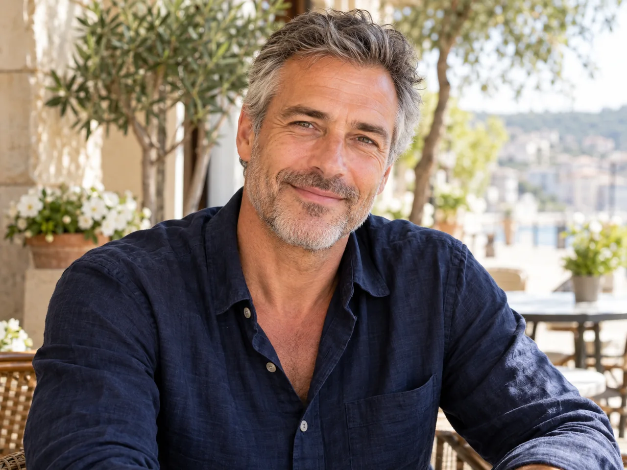 Mature adult man smiling on a terrace, a representative portrait for companionship dating