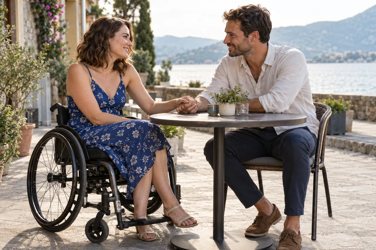 Two adults on a cafe date with step-free seating and a wheelchair, illustrating HSV Dating Across Different Health Experiences