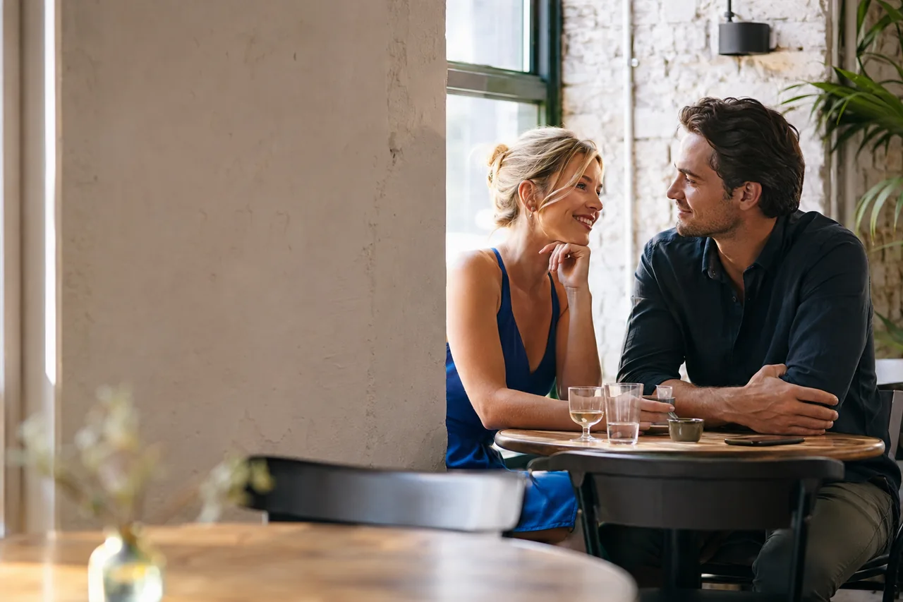 Two adults talking over coffee at a cafe, illustrating Herpes Singles by Relationship Goal and Commitment