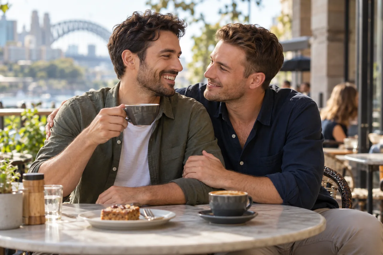 Two adult men sharing a cafe date beside a harbour, illustrating Gay Singles with Herpes: Meet Men Who Understand