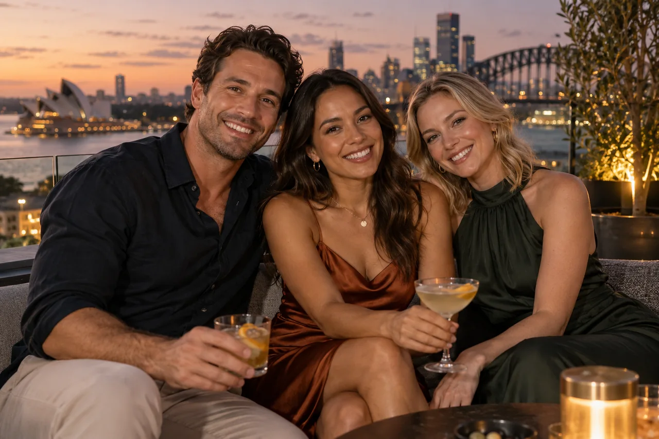 Three adults sitting close on an evening terrace, illustrating Herpes Threesome Dating for Consenting Adults