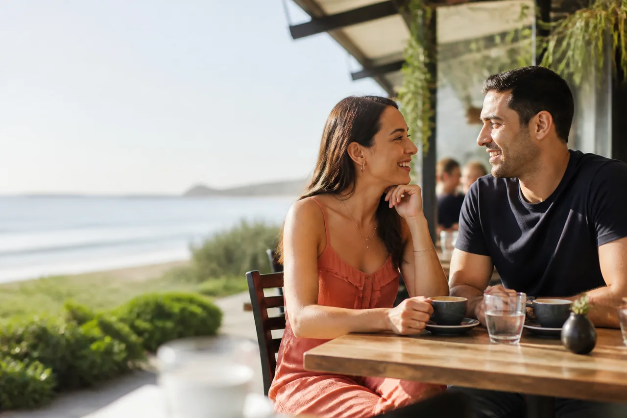 Two adults sharing a cafe table overlooking the sea, illustrating Meet Herpes Singles Who Fit the Life You Want